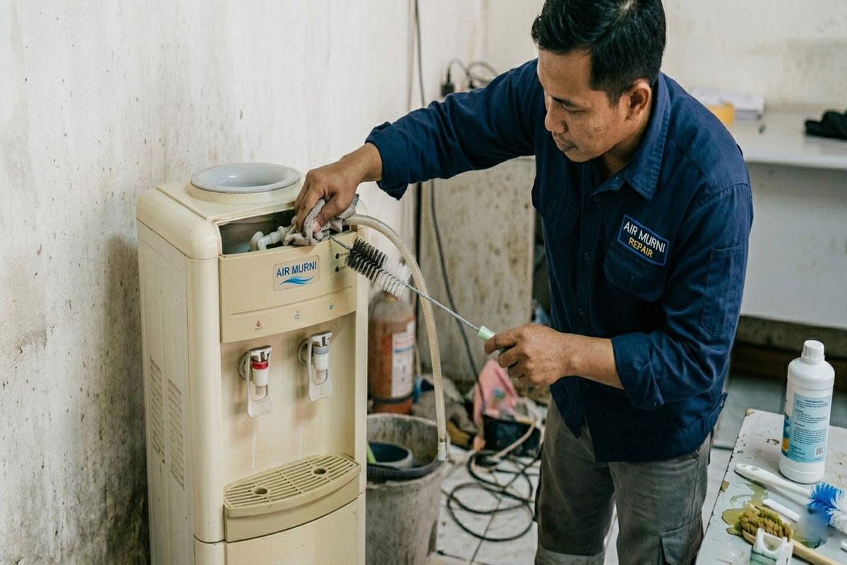 cara membersihkan dispenser galon bawah: bersihkan bagian luar dispenser
