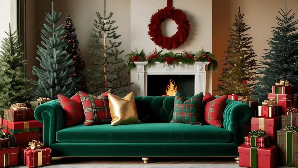 dekorasi natal ruang tamu dengan bantal dan sofa