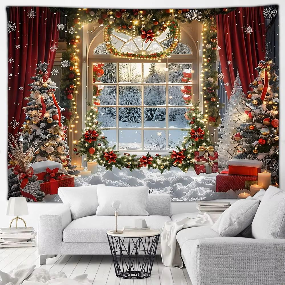 dekorasi natal di ruang tamu dengan hiasan jendela yang meriah