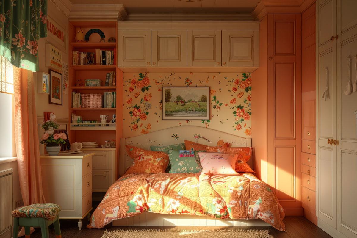 desain kamar vintage dengan wallpaper floral