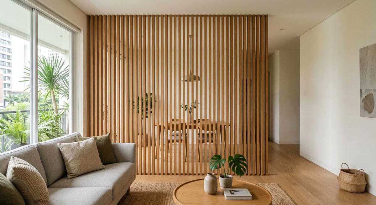 ide partisi runang tamu minimalis wooden slats